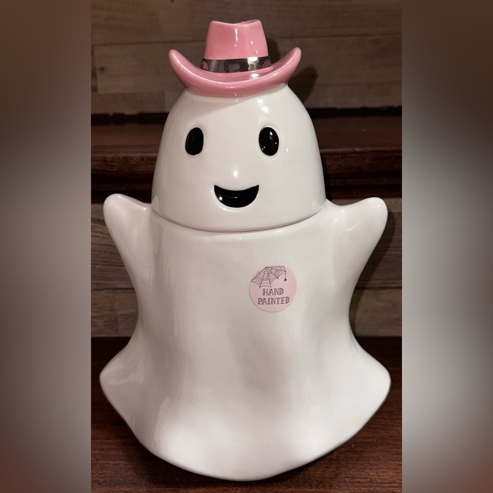 Super Cute 🥰 Hand Painted Halloween Cowgirl Ghost Cookie Jar Canister - New